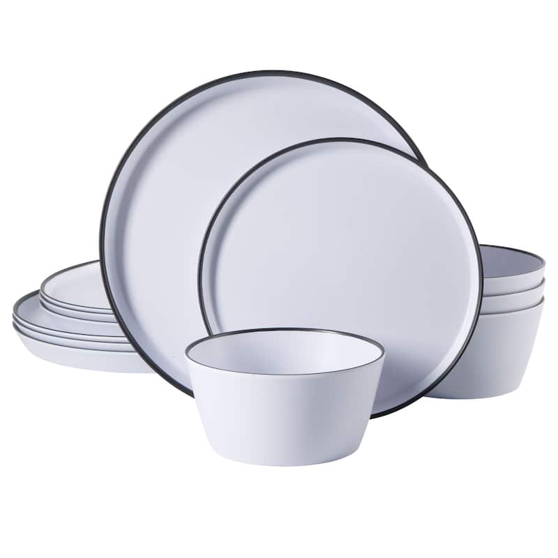 Gibson Home Folsom Shores 12 Piece Unbreakable Modern Melamine Plates and Bowls Dinnerware Set - White W/ Black Rim