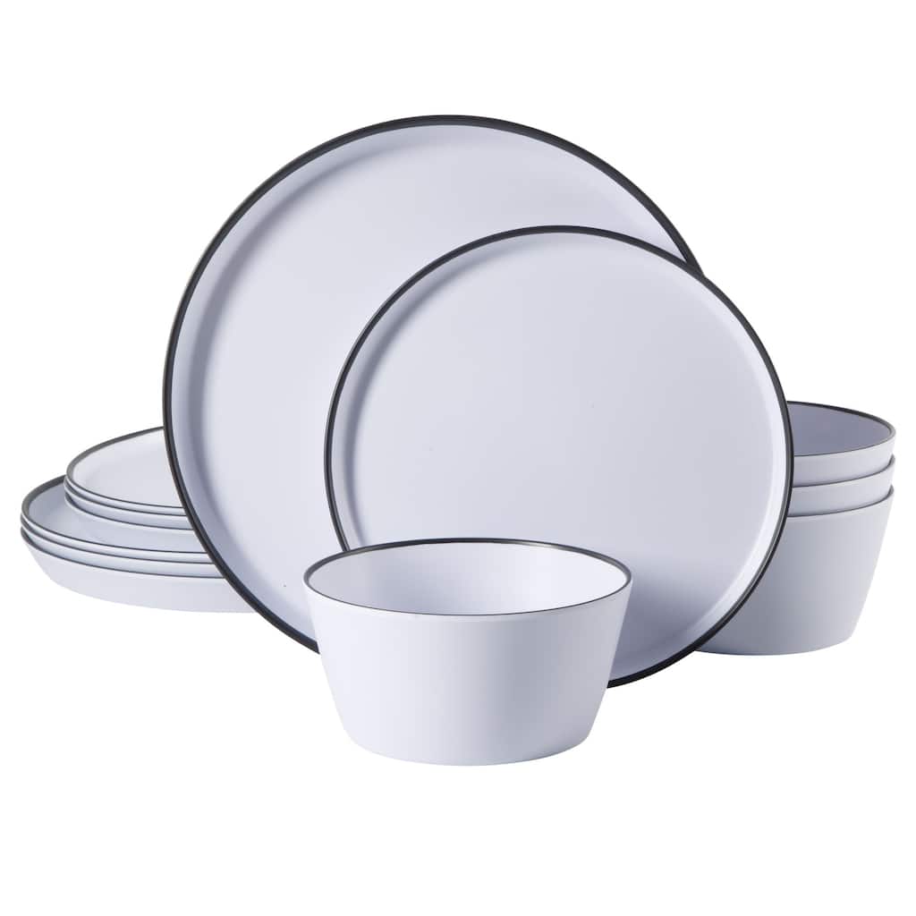 Gibson Home Folsom Shores 12 Piece Unbreakable Modern Melamine Plates and Bowls Dinnerware Set - White W/ Black Rim