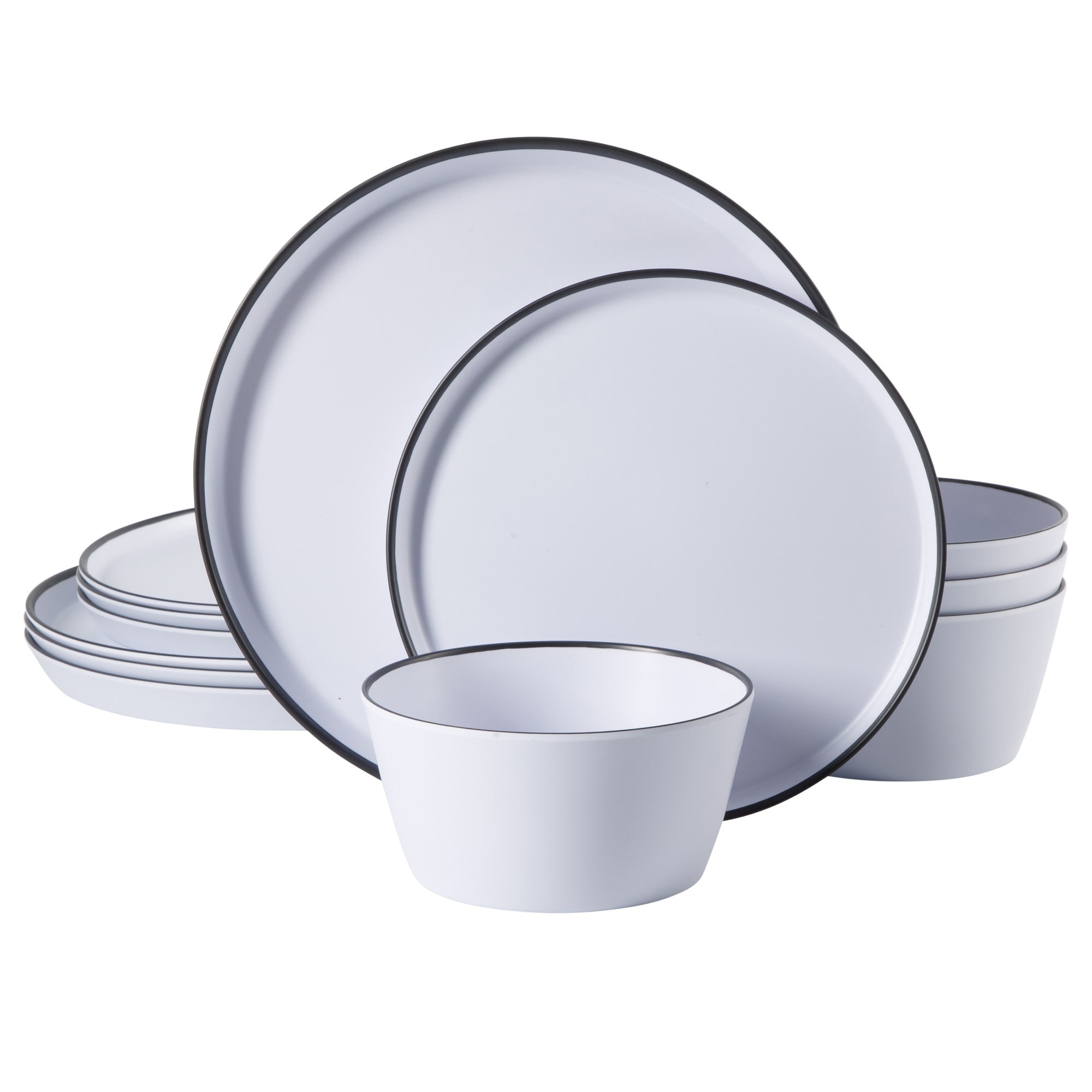 Gibson Home Folsom Shores 12 Piece Unbreakable Modern Melamine Plates and Bowls Dinnerware Set - White W/ Black Rim