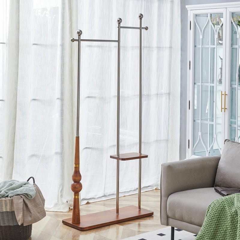 70" Tall Industrial Coat Rack for Entryway, Solid Wood & Stainless Steel, Double Layer Hanging Rack