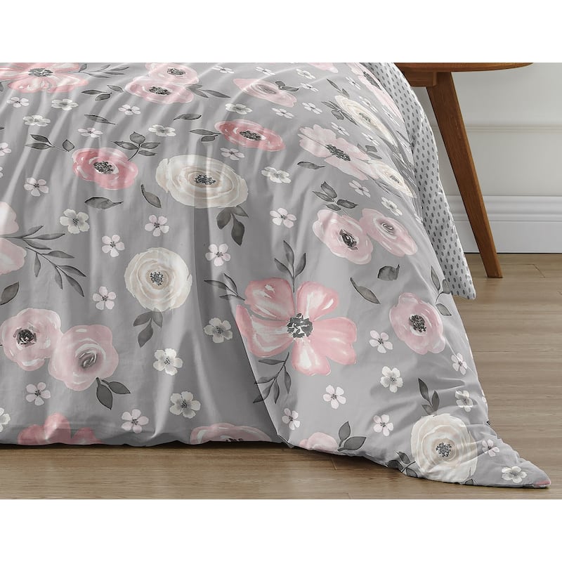 Grey Watercolor Floral Girl 2pc Twin-size Comforter Set - Blush Pink Gray White Shabby Chic Rose Flower Polka Dot Farmhouse