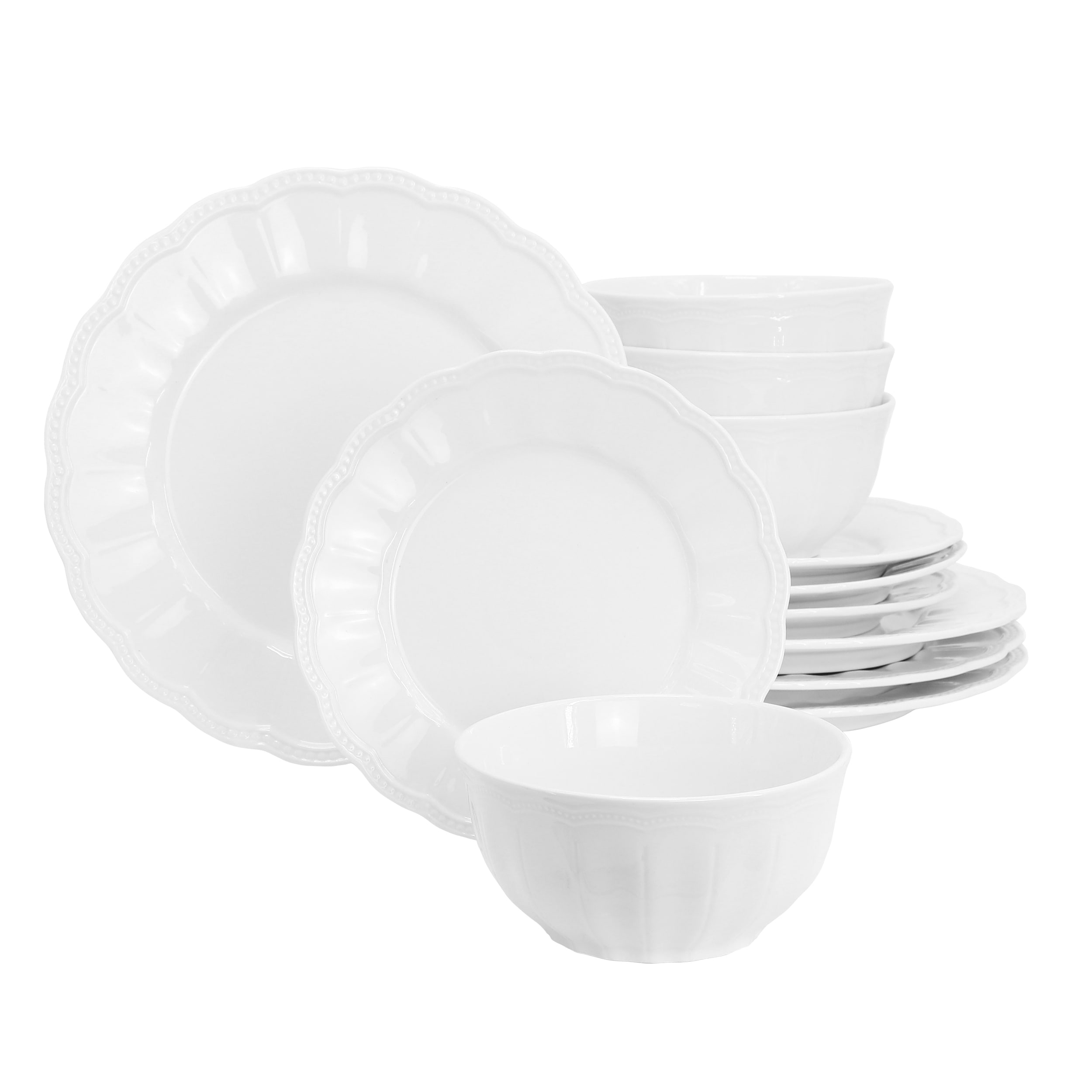 12 Piece Fine Ceramic Embossed Dinnerware Set in White
