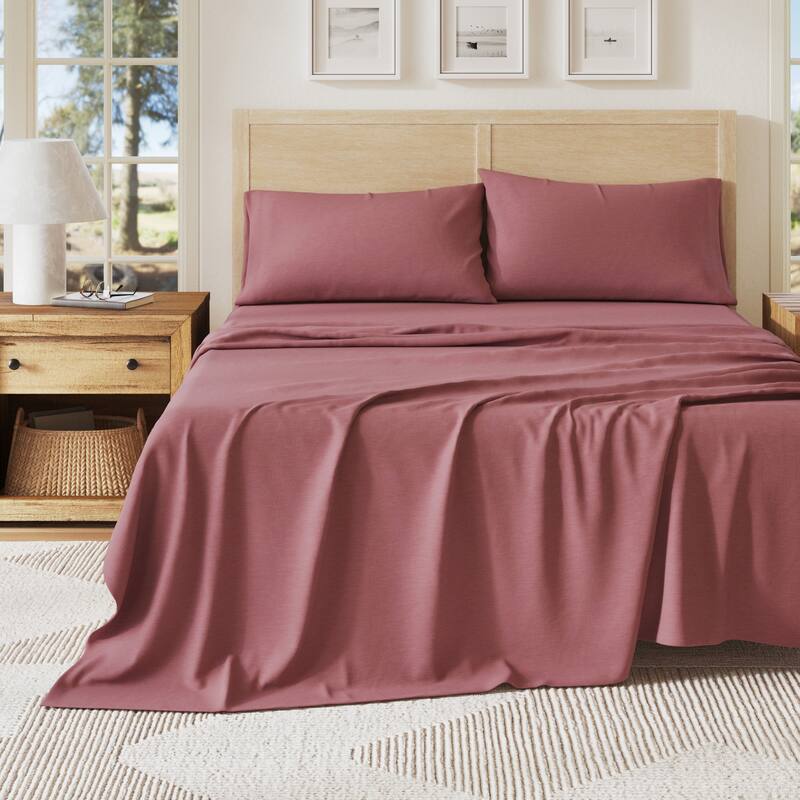 Linery & Co. Heathered Melange Cotton Jersey Knit Sheet Set - Twin XL - Heathered Dusty Rose