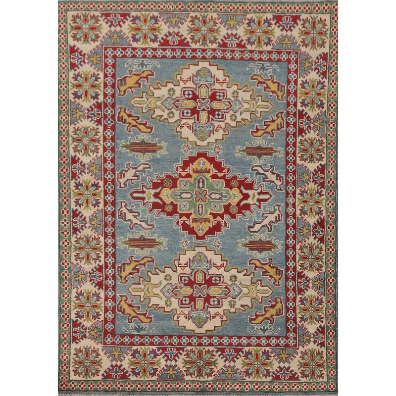 Light Blue Geometric Kazak Area Rug Hand-Knotted Wool Carpet - 4'10" x 6'7"
