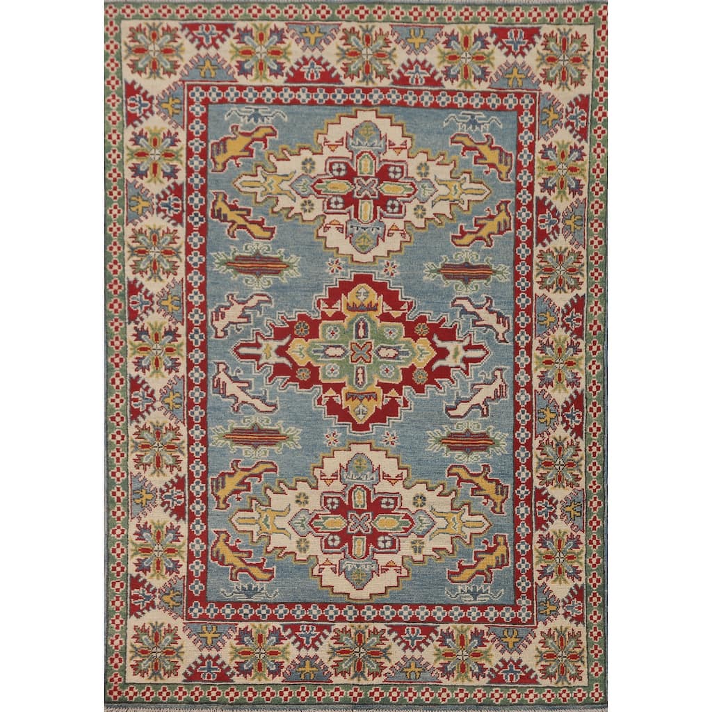 Light Blue Geometric Kazak Area Rug Hand-Knotted Wool Carpet - 4'10" x 6'7"