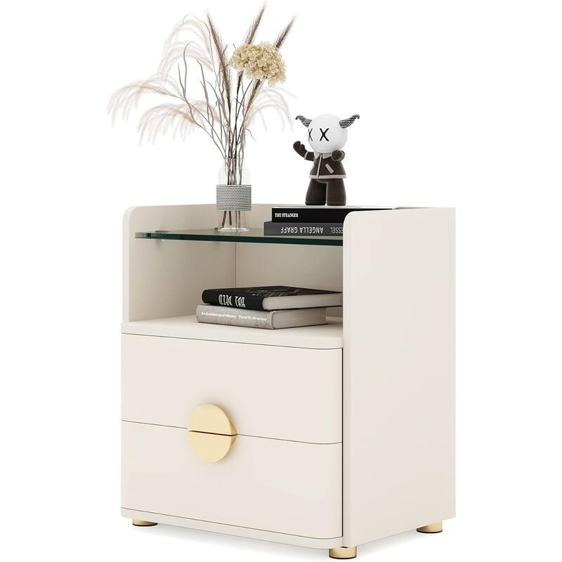 19.68" 2-Drawer Nightstand with Tempered Glass Top & Open Shelf - Wood Bedside Table with Gold Metal Legs, Stylish End Table