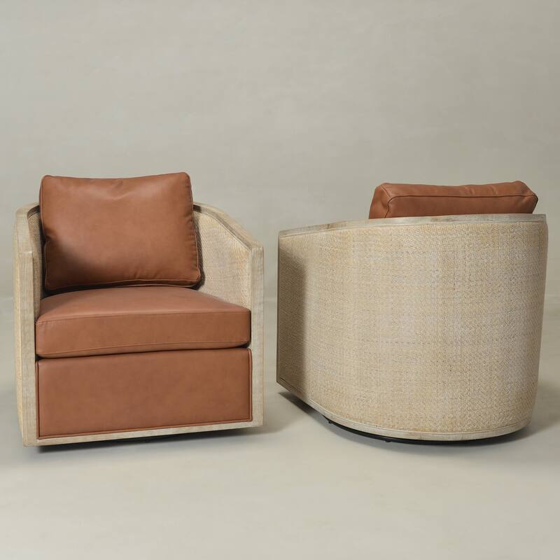 KINWELL 31"W Oak Frame Upholstered Swivel Barrel Armchair