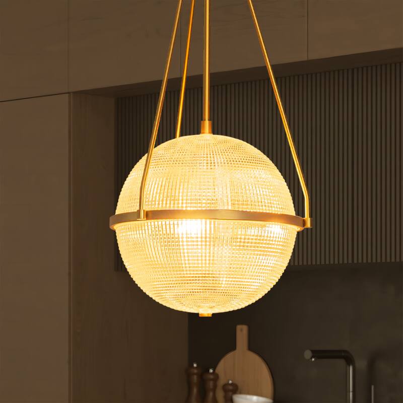 3-Light 13.78" Black/Gold Mid-Century Modern Grid Glass Globe Bubble Pendant Light Kitchen Island Lighting
