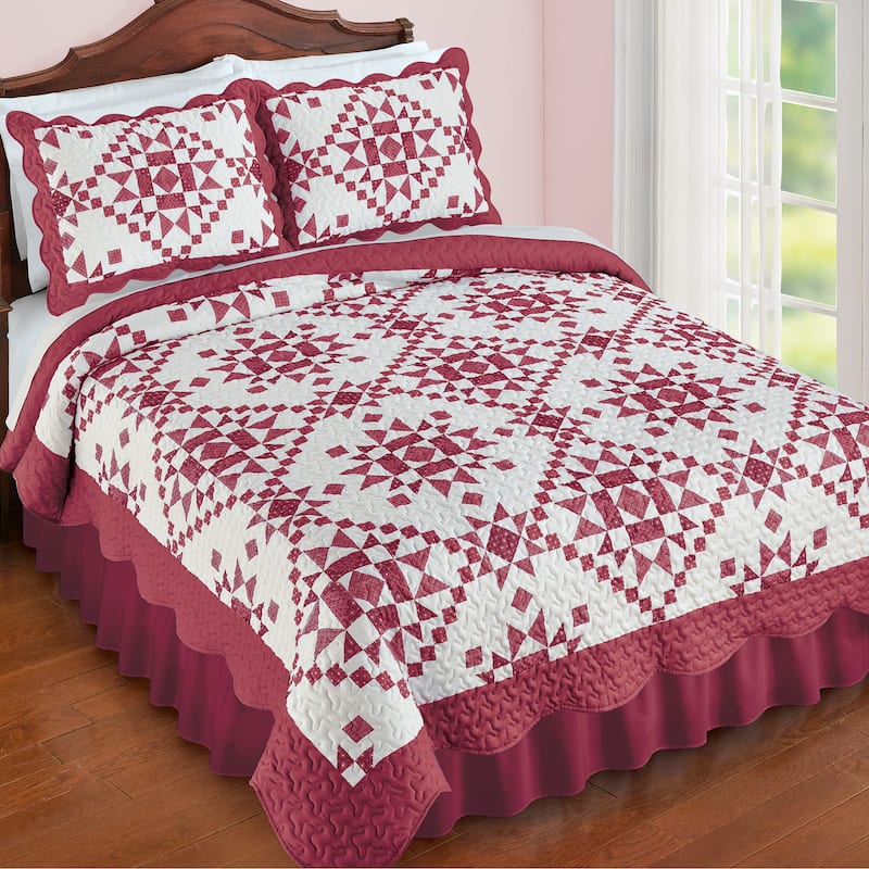 Classic Star Design Patchwork Scalloped Edge Quilt - Burgundy - Full/Queen
