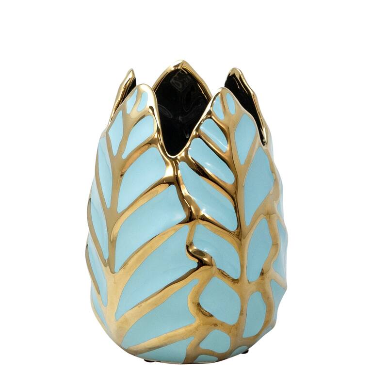 Leaf Shaped Tabletop Vase - 7.75" - Green and Gold