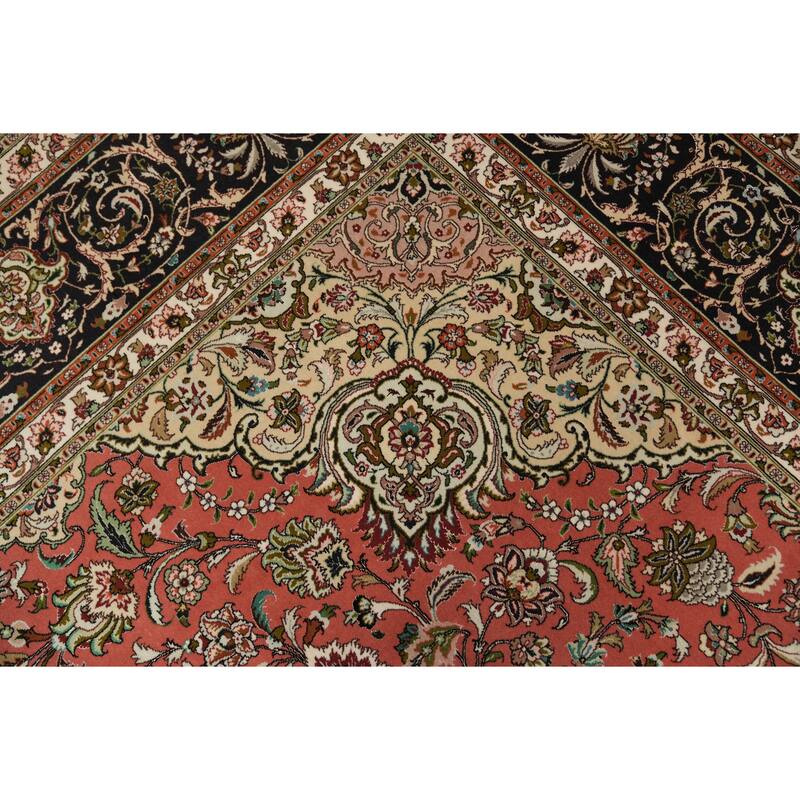 Hand Knotted Oriental Wool & Silk Carpet Traditional Floral Red Tabriz Area Rug - 13' 0'' X 9' 10''