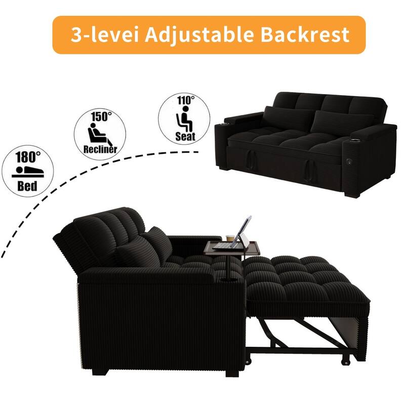 65'' Chenille 3-in-1 Folding Sectional Sofa with 360-Degree Swivel Side Table