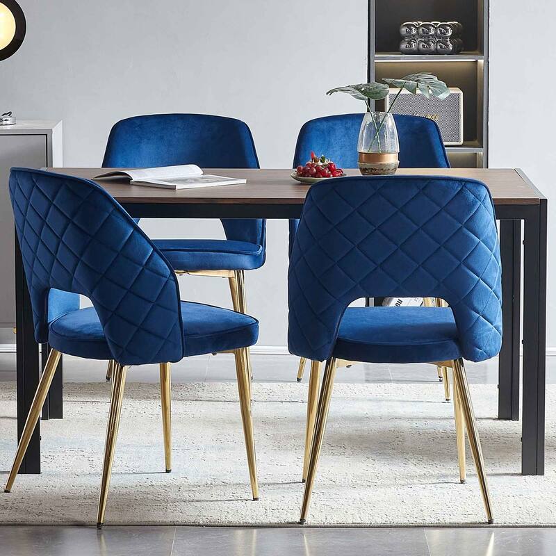 Blue Velvet Dining Chairs with Metal Legs and Hollow Back Upholstered Dining Chairs Set of 4 - Dining Height - Set of 4 - Blue