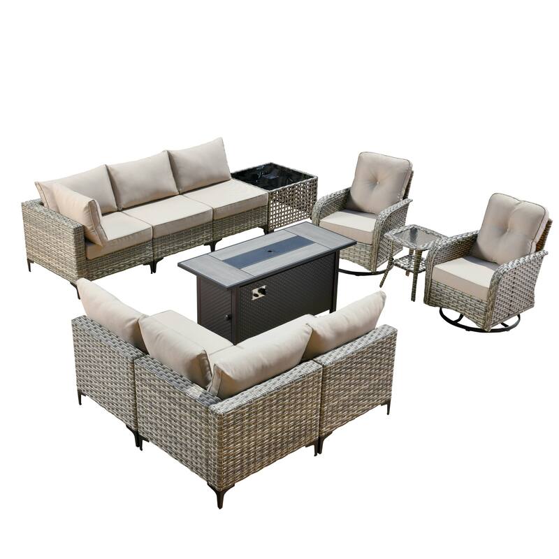 HOOOWOOO 11-piece Outdoor Patio Sofa Wicker Furniture Swivel Chair Set with 54" Fire Pit Table