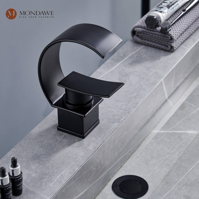 Mondawe Luxury C-Shape Arc Waterfall Spout Single Handle 8 inch Widespread Bathroom Sink Faucet With Pop-up Drain in Matte Black