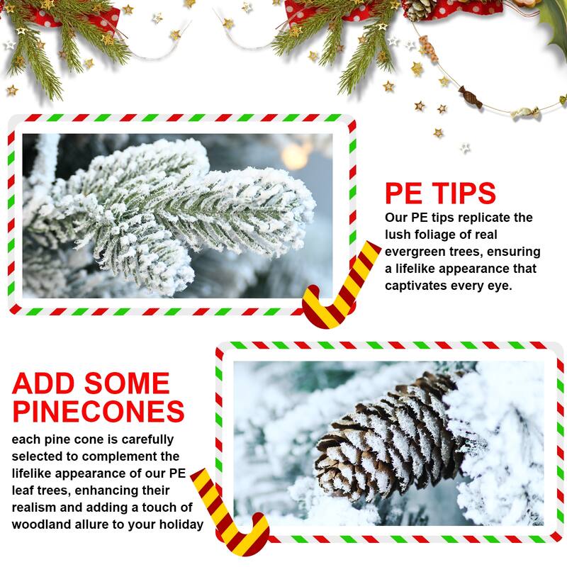 2FT Flocked Christmas Tree with Pot Base,30 Warm White LED Lights,189 Tips,PE+PVC Branches with 3 Pine Cones-Small Prelit Tree