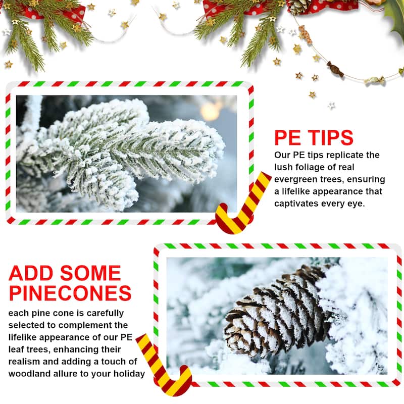 Pre-Lit Flocked Tabletop Tree - Warm White LED Lights, PE+PVC Branches, Pine Cones, Pot Base - White+Green