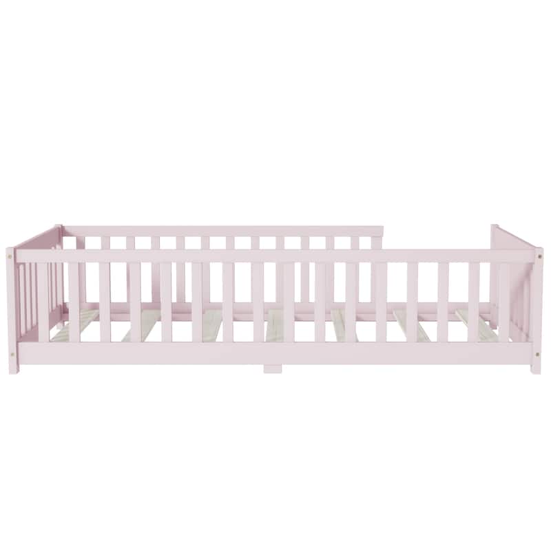 Twin Size Floor Bed with Fence without Door, Rubber Wood Floor Bed with Safety Guardrails