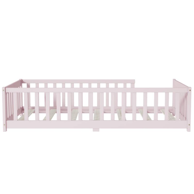 Twin Size Rubber Wood Floor Panel Bed with Safety Fence - No Door Version