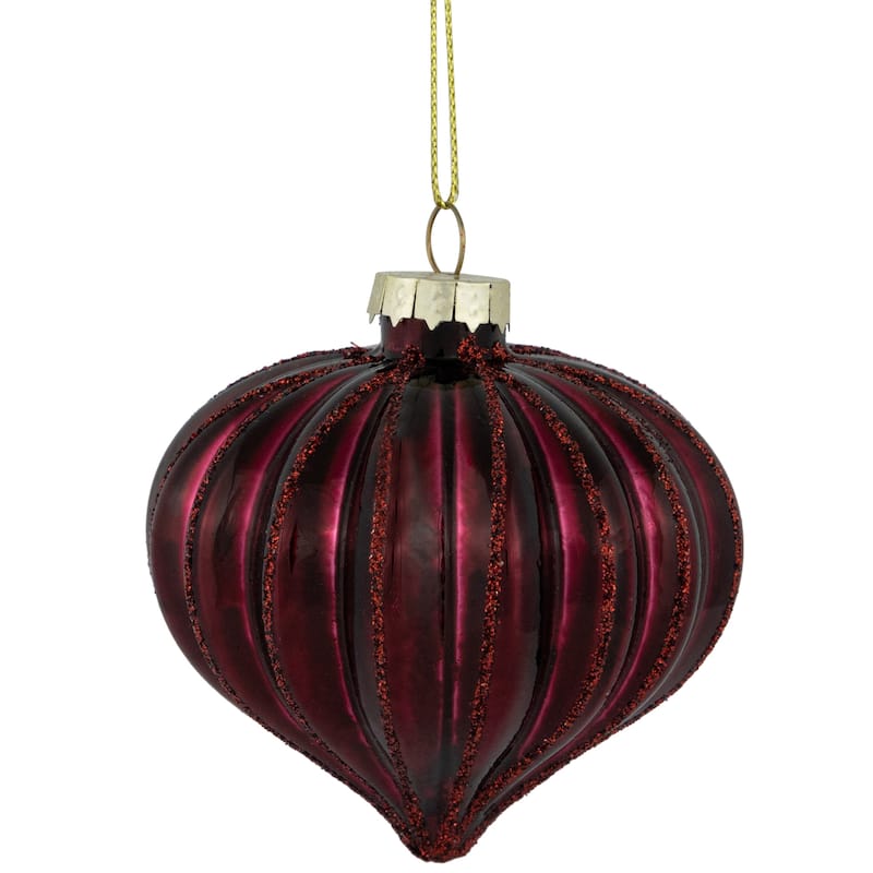 Glittered Onion Glass Christmas Ornaments - 3.25" - Maroon - 4ct