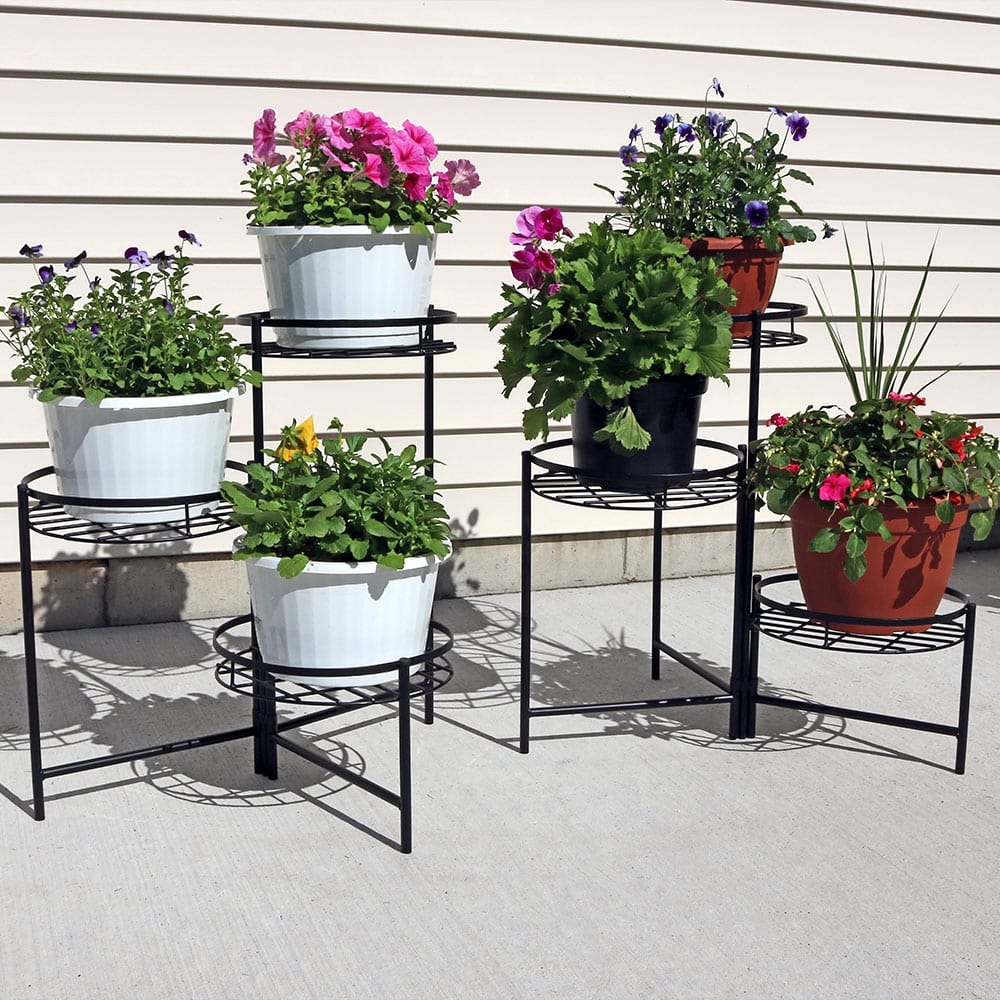 Black Three Tiered Indoor Outdoor Flower Plant Stand 22" - Set of Two