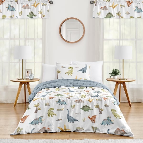 slide 2 of 6, Sweet Jojo Designs Watercolor Dinosaur Dino Boy 2p Twin size Comforter Set Green Blue Modern Jurassic Animal Tracks Footprint