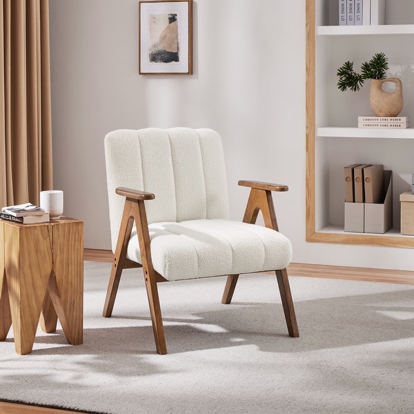 slide 2 of 9, Yaheetech Mid Century Upholstered Accent Armchair Lounge Chair with V-Shaped Solid Wood Legs White