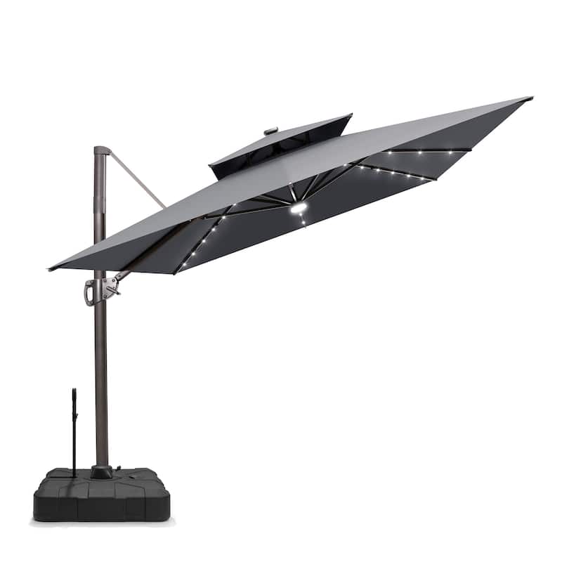 Pellebant 9x11 FT Outdoor Patio Double Top Cantilever Umbrella Solar LED Lighted with Rod Base - DarkGrey