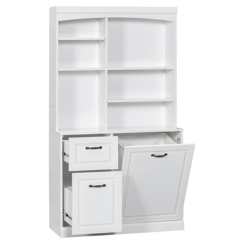 Modern Bathroom Cabinet, Freestanding Linen Tower with Slanted Storage Basket 2 Drawers and Adjustable Shelves, for Bathroom