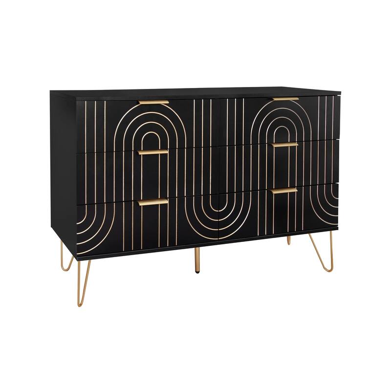 Contemporary 6-Drawer Dresser with Metal Handles and Carved Details for Living Room