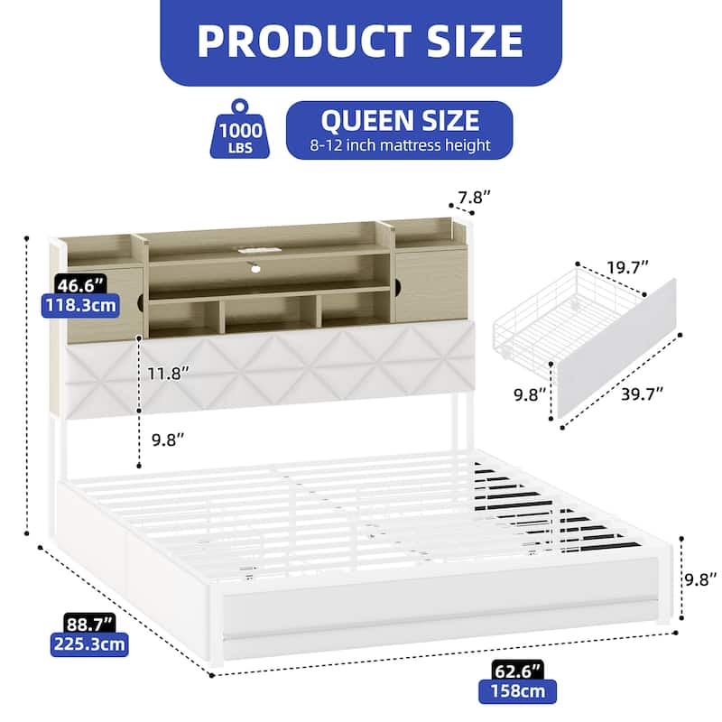 Queen/King Upholstered Bed Frame with RGB LED Lights & Storage Bookcase Headboard - White - Queen