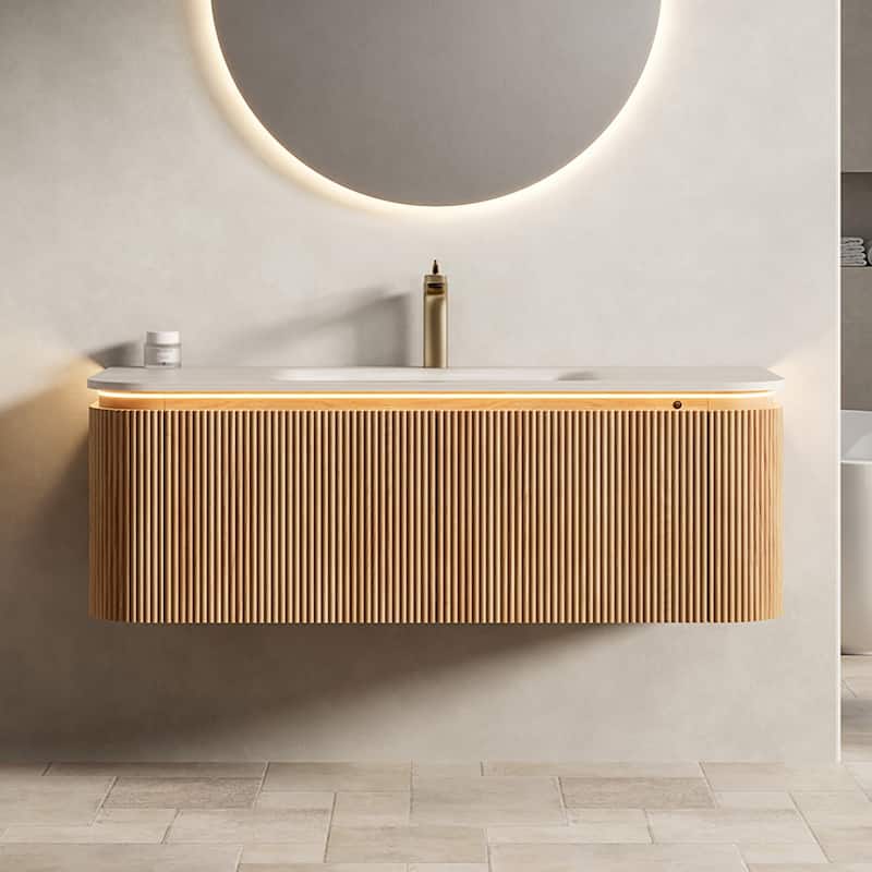 36"/48" Floating Bathroom Vanity with Sink, Sintered Stone Hot-Press Integrated Basin, LED Bathroom Vanity Cabinet - Beige,Natural Wood - 48 Inch