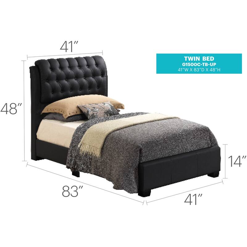 Twin Bed with Padded Headboard - Rustic Black Faux Leather Frame, Boxspring Needed, 41x83x48