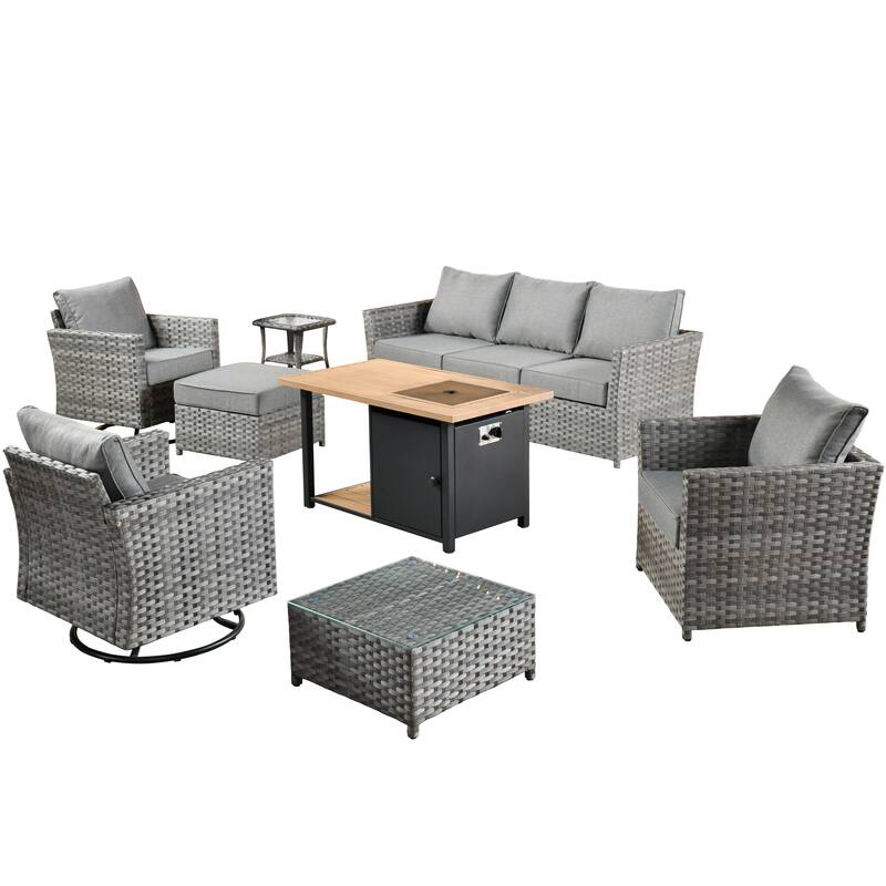 HOOOWOOO 10-piece Outdoor Grey Wicker Patio Furniture Set with Fire Pit Table
