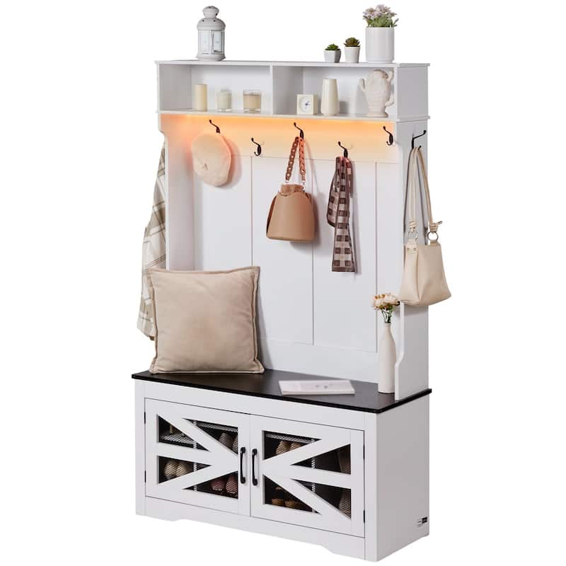 Hall Tree Bench with Shoe Storage and Hooks for Entryway or Mudroom - / 42.24” x 16.44” x 67.2”