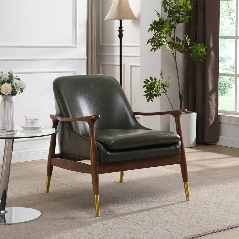 Roomfitters Mid-Century Faux Leather Accent Chair with Cushioned Seat, Solid Wood Frame and Brass-Tipped Legs