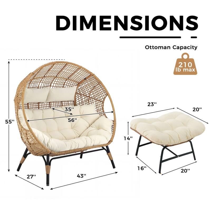 2-Person Outdoor Wicker Egg Chair Loveseat with 2 Ottomans and Cushions