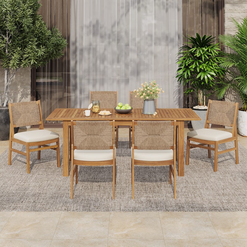 Christopher Knight Home - Outdoor Acacia Wood Dining Set with Handwoven Wicker and Expandable Table - TeakFinish+Light Brown Wicker
