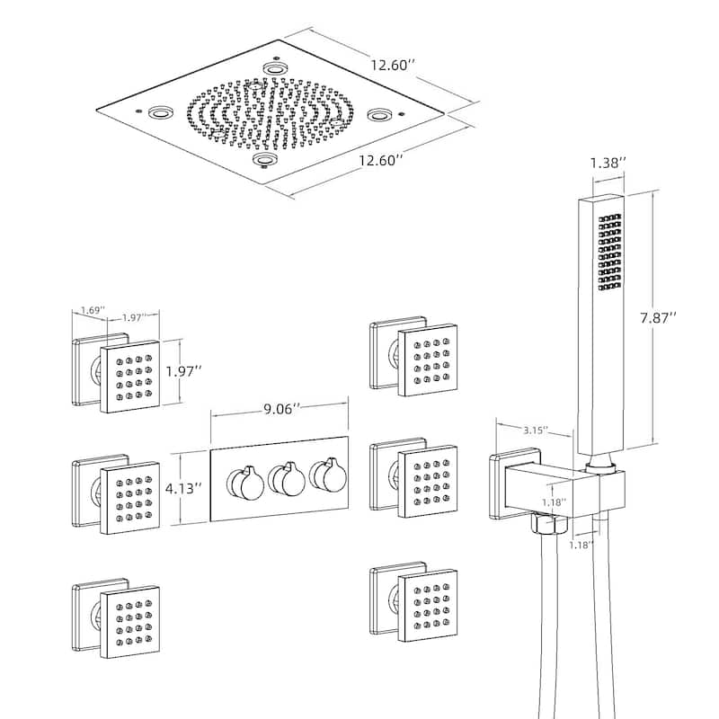 Modland Luxury Ceiling Mounted 9-color LED 4-Way Complete Rain and Spray Shower System with 6 Body Jets and Showerhead