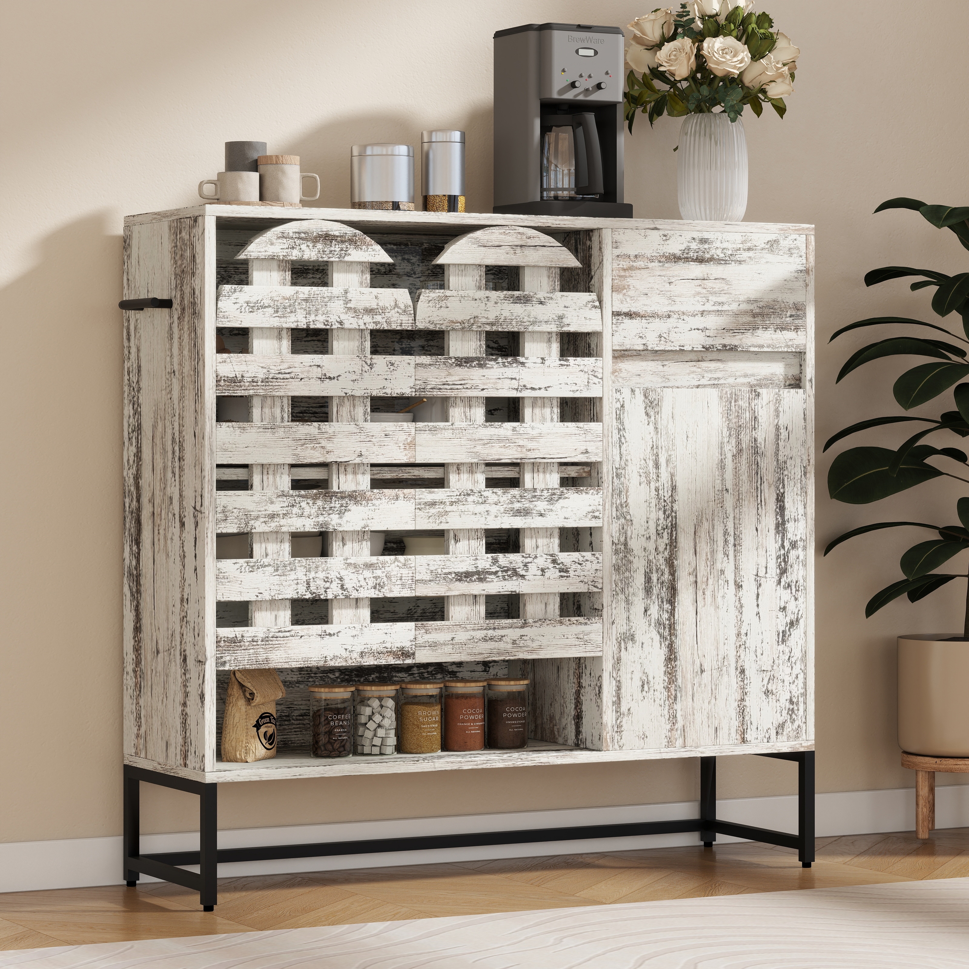 Farmhouse Wooden Sideboard Cabinet with Arched Lattice Doors Storage Drawer and Coffee Bar Console White by GDFStudio