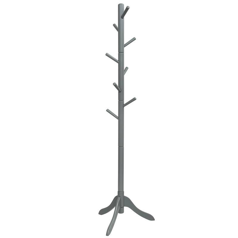 Wooden Coat Rack Stand Hall Tree 2 Adjustable Height w/ 8 Hooks - Grey