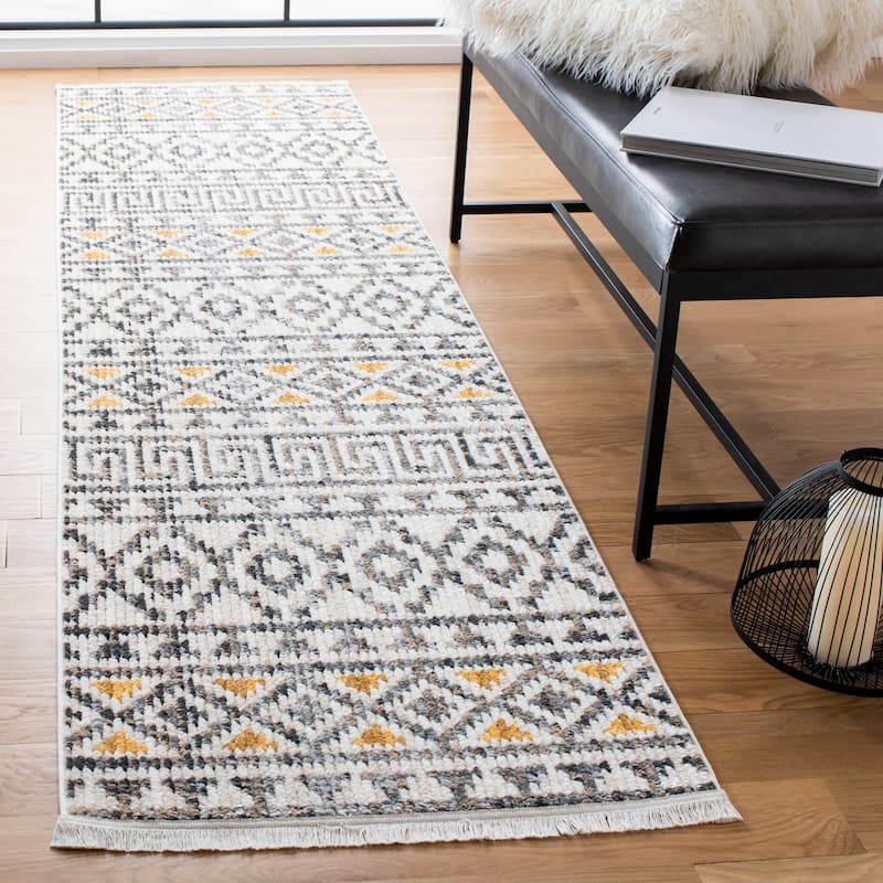 SAFAVIEH Sedona Elmire Boho Tribal Fringe Rug - 2'4" x 13' Runner - Ivory/Charcoal