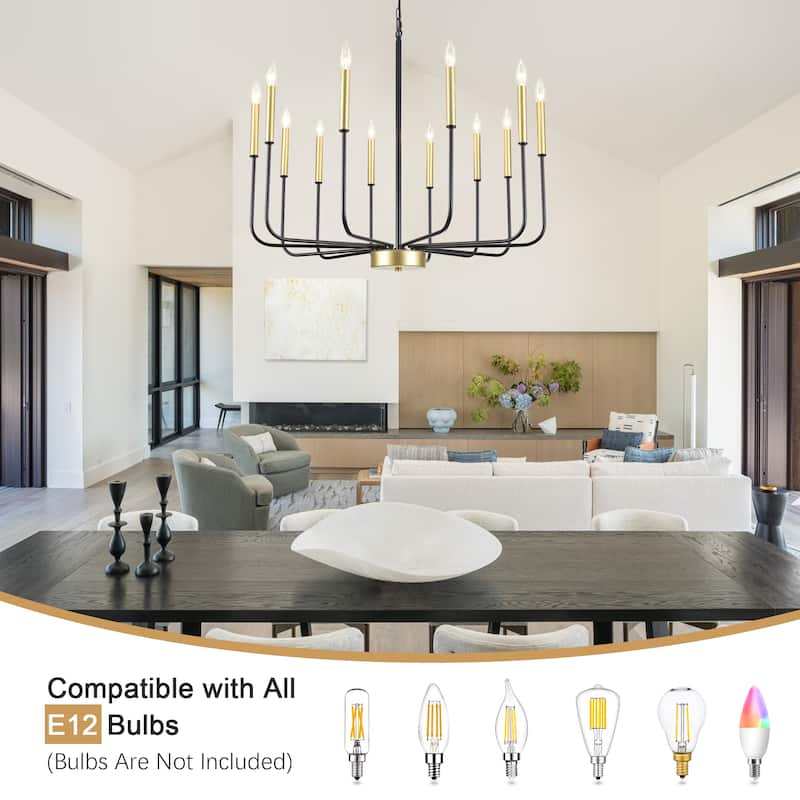 12-Light Rustic Candle Chandelier for Dining Room Living Room - W32.08" x H70.07" - N/A