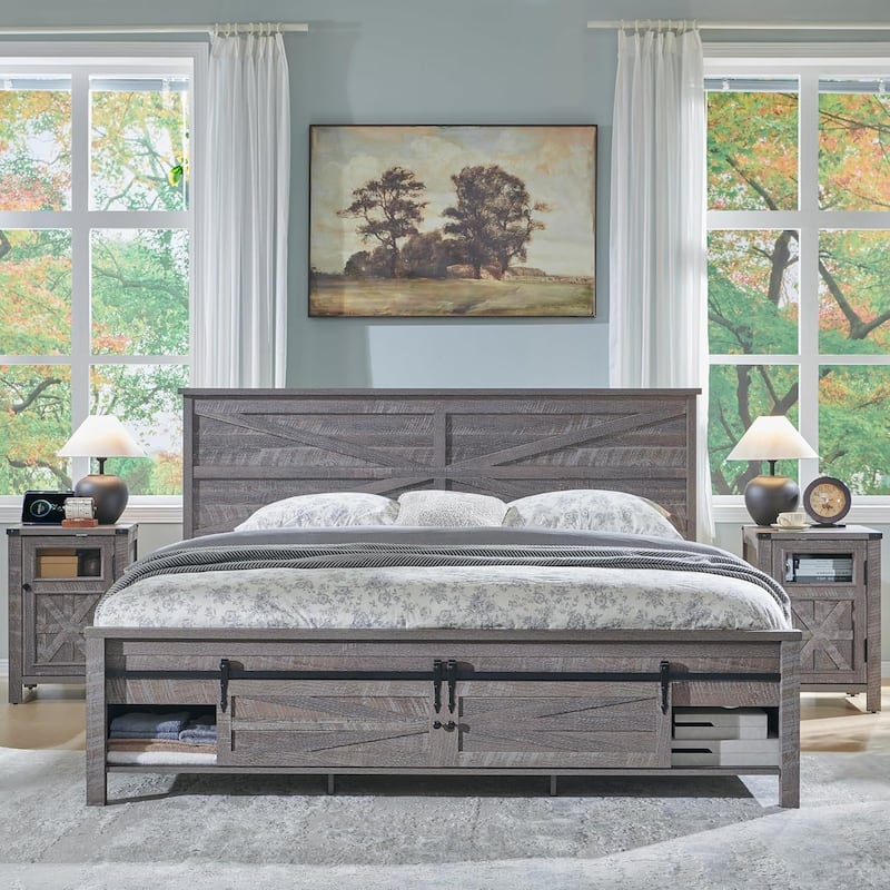 Farmhouse King Size Wood Bed Frame with Sliding Barn Door Storage - Grey