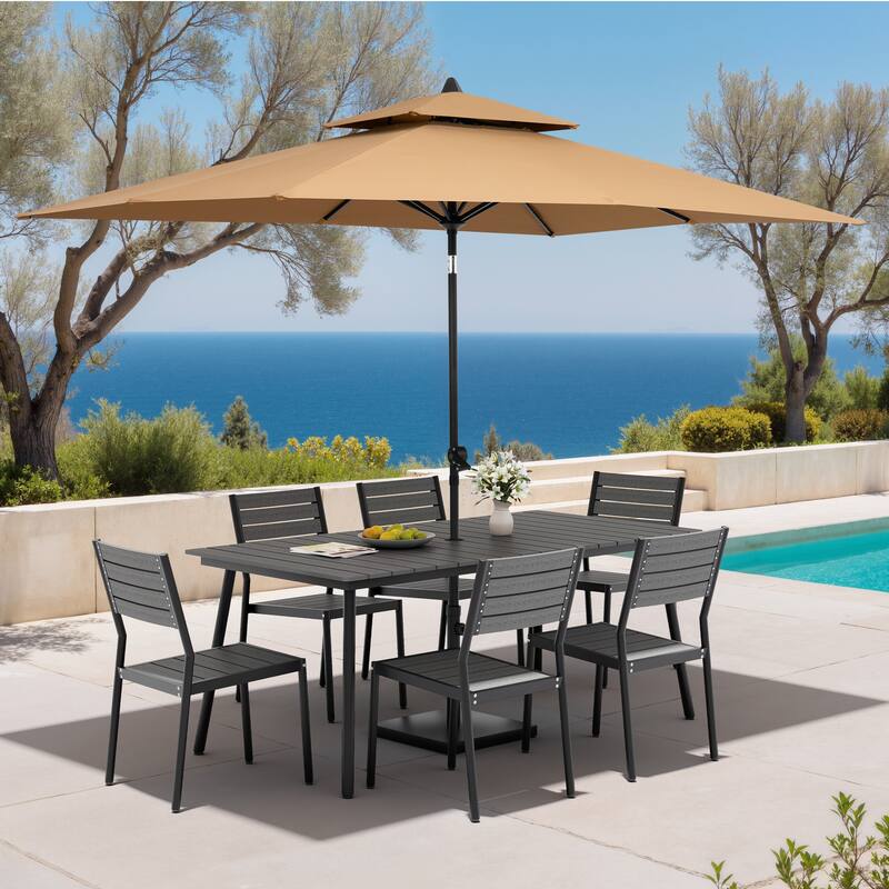 9PC Outdoor Patio Dining Set Aluminum Table with Stackable Chairs w/ Market Umbrella Set - GreyTable&GreyChairs&TanUmbrella