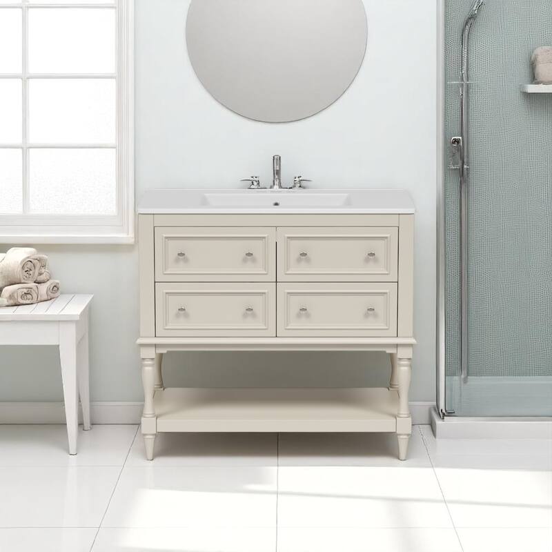 36"" Bathroom Vanity with Ceramic Sink and Medicine Cabinet, 4 Drawers, Storage Shelf, Solid Wood Frame,Bathroom Cabinet Set