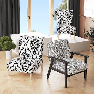 Designart "Black and White Damask" Upholstered Patterned Accent Chair and Arm Chair
