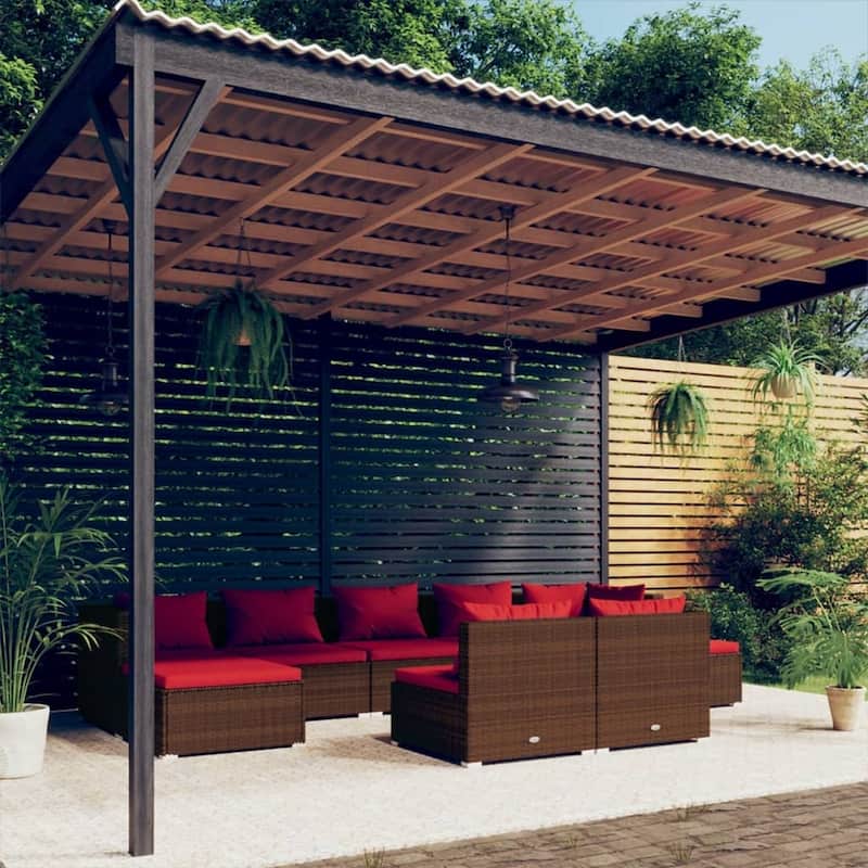 vidaXL Patio Lounge Set with Cushions Brown Poly Rattan - 27.6" x 27.6" x 24" - 27.6" x 27.6" x 24" - Brown/Cinnamon red 9 Piece