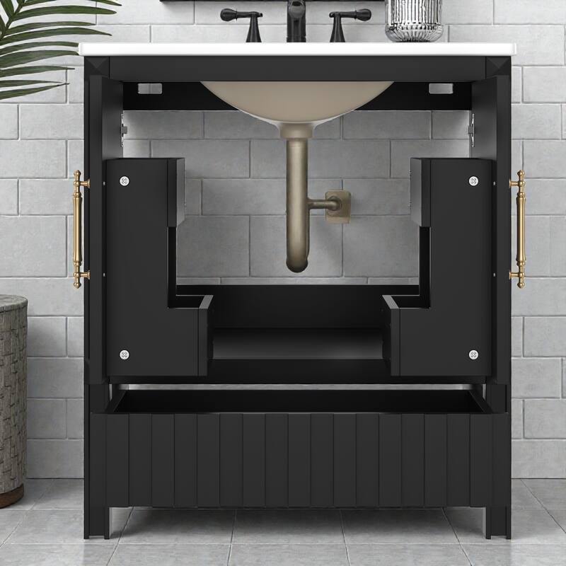 30" Bathroom Vanity with Sink, Solid Wood & MDF Cabinet with Doors, Drawer and Open Storage Shelves