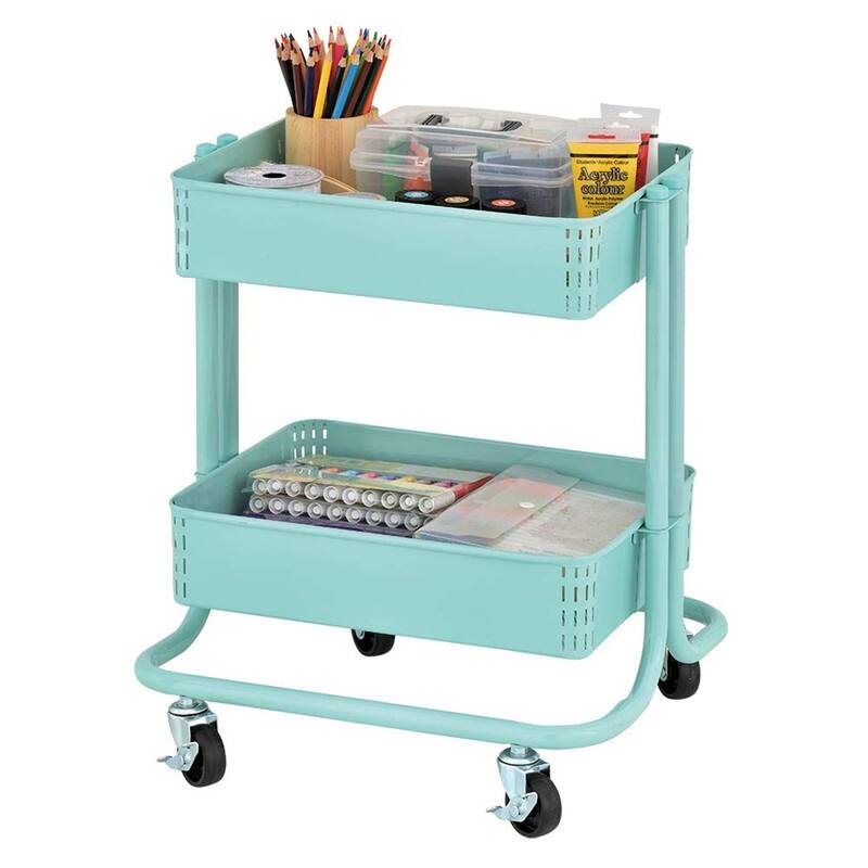 2-Tier Rolling Utility Cart - 15.6"D x 16.7"W x 19.7"H - Teal
